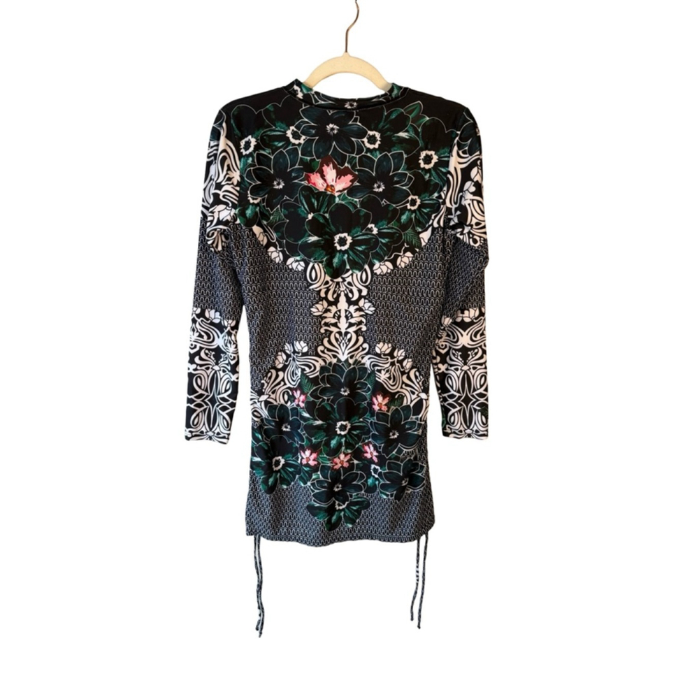 Long Sleeve Black Green Floral Swim Dress Rash Guard Size S or M Beach Vacation - Picture 2 of 9